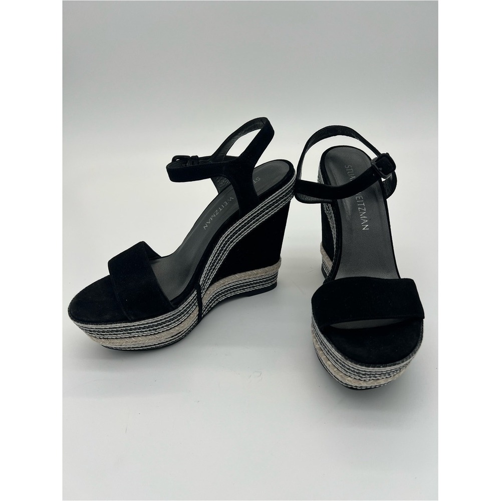 Stuart Weitzman Black Suede‎ Espadrille Platform Wedge Sandals size 7.5